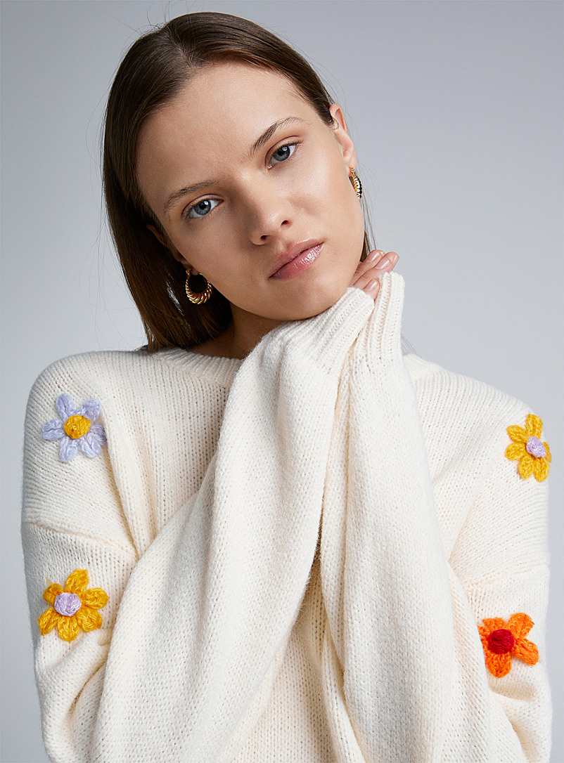 Twik Off White Colourful flower sweater for women