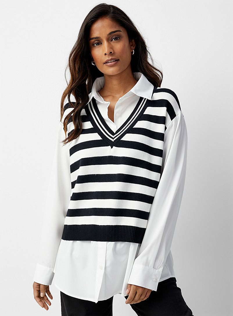Contemporaine Patterned Black Striped shirt-style vest for women