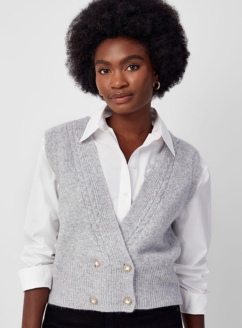 Contemporaine Light Grey Jewel double-breasted sweater vest for women