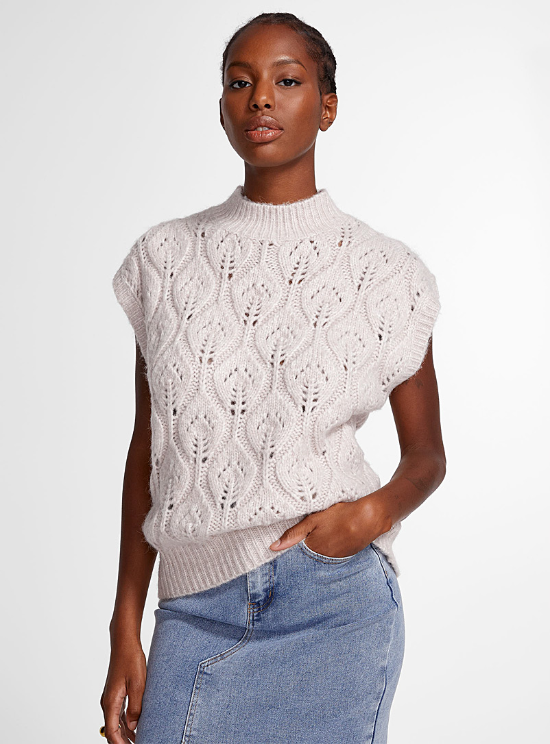 Icône Ecru/Linen Ecru openwork geo knit sweater vest for women