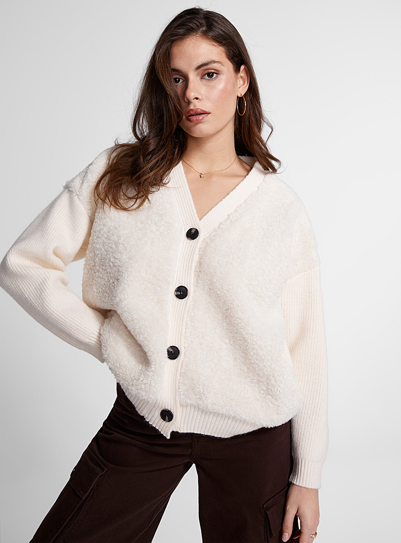Icône Ivory White Ribbing and sherpa fleece oversized cardigan for women