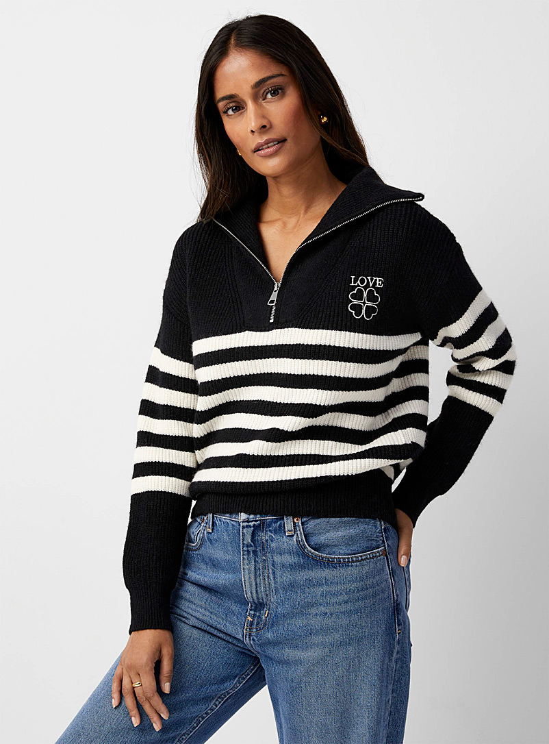 Contemporaine Patterned black Striped zippered collar sweater for women