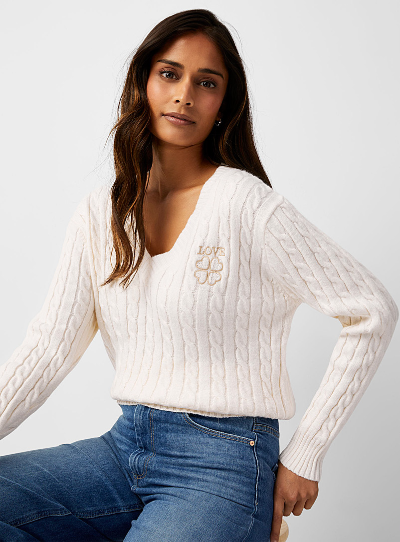 Contemporaine Ivory White Romantic embroidery twisted sweater for women