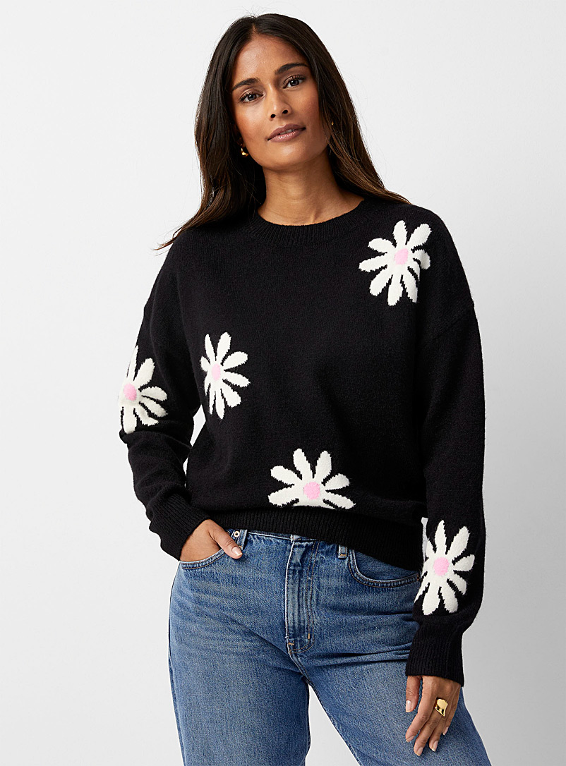 Contemporaine Patterned black Blooming jacquard sweater for women
