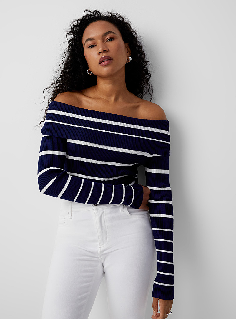 Contemporaine Navy/Midnight Blue Marilyn collar striped ribbed sweater for women
