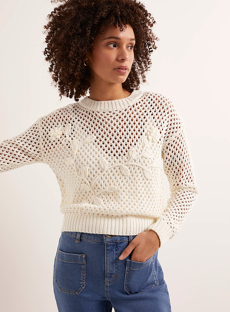 Contemporaine Ivory/Cream Beige Appliqué flowers mesh sweater for women
