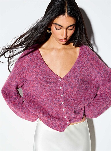 Ic&ocirc;ne Blue-purple Pearly buttons reversible cardigan for women