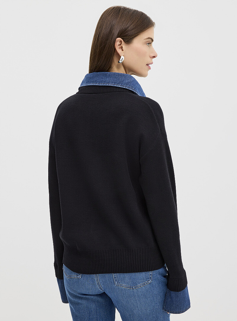 Contemporaine: Le polo boutons bijoux insertions denim Noir pour femme