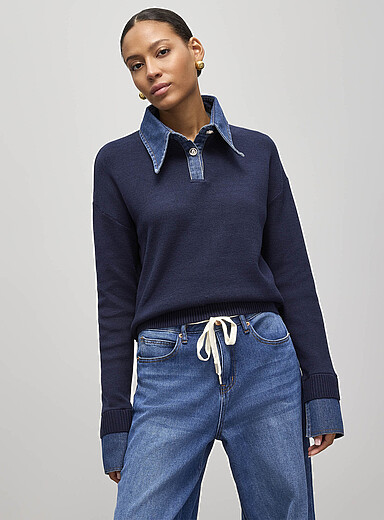Denim inserts jewel buttons polo shirt