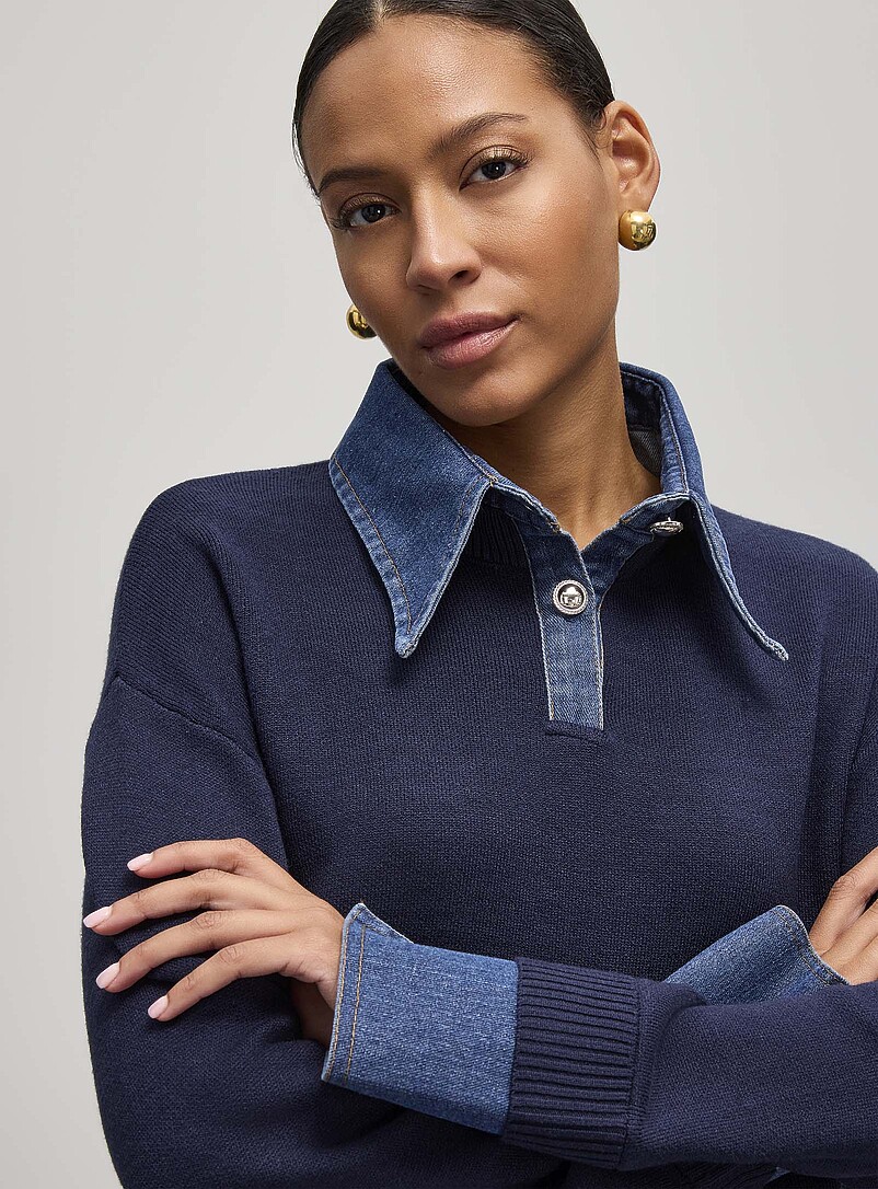 Contemporaine: Le polo boutons bijoux insertions denim Noir pour femme