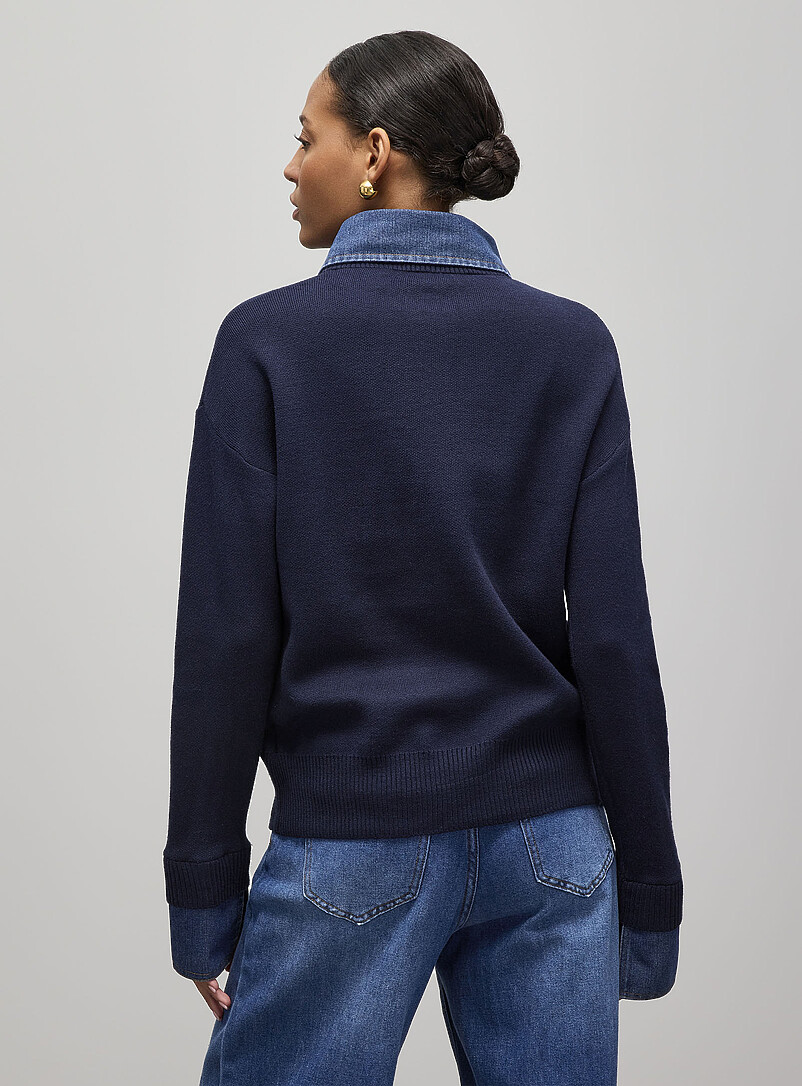 Contemporaine: Le polo boutons bijoux insertions denim Noir pour femme