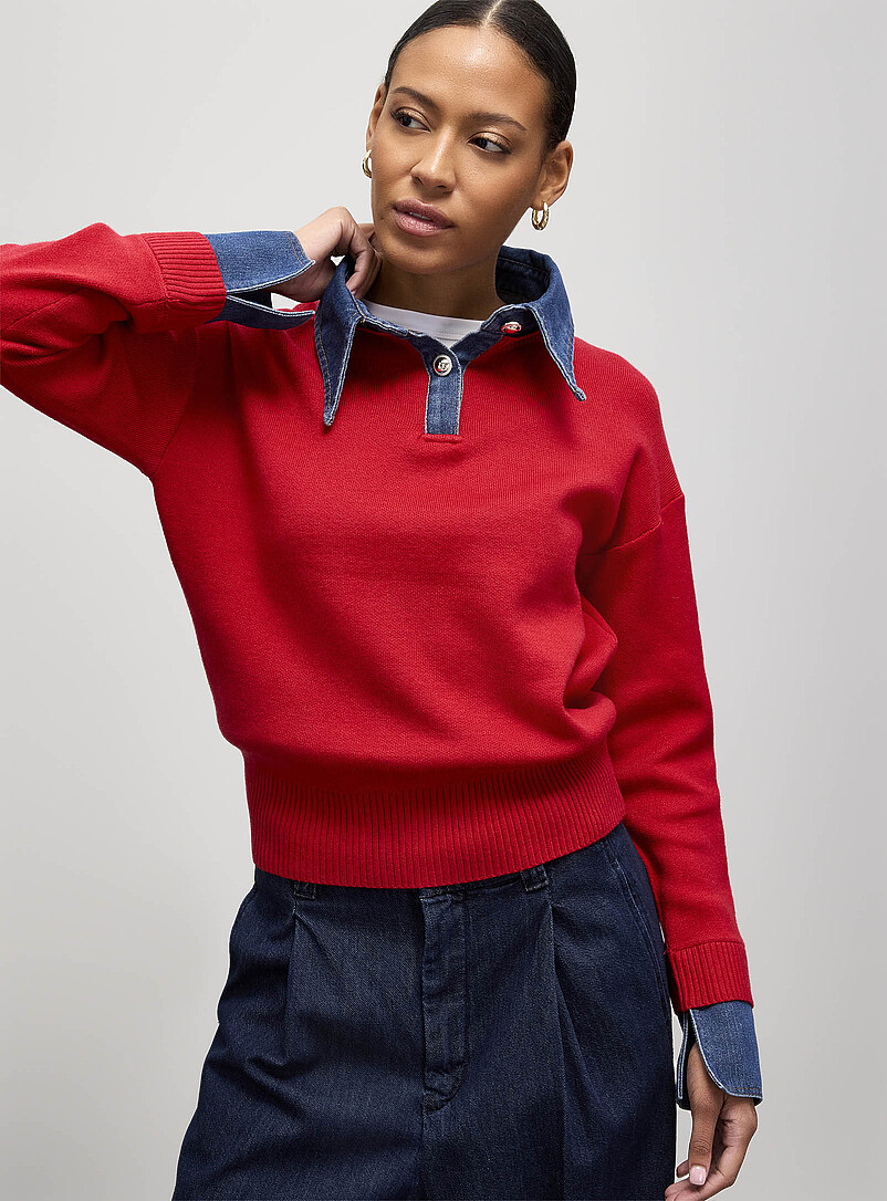 Contemporaine: Le polo boutons bijoux insertions denim Noir pour femme