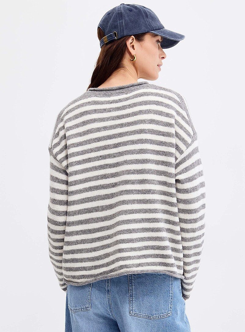Contemporaine: Le chandail ray&eacute; bordures roulott&eacute;es Bourgogne pour femme