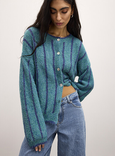 Ic&ocirc;ne: Le cardigan rayures verticales touche de laine Sarcelle - Turquoise pour femme