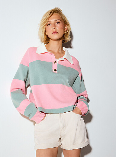 Ic&ocirc;ne Pink Golden buttons polo collar striped cropped sweater for women
