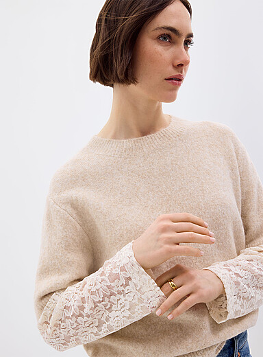 Floral lace sleeves fuzzy sweater