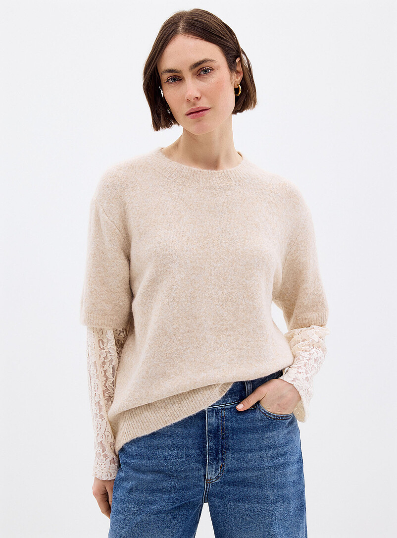 Contemporaine Ivory/Cream Beige Floral lace sleeves fuzzy sweater for women
