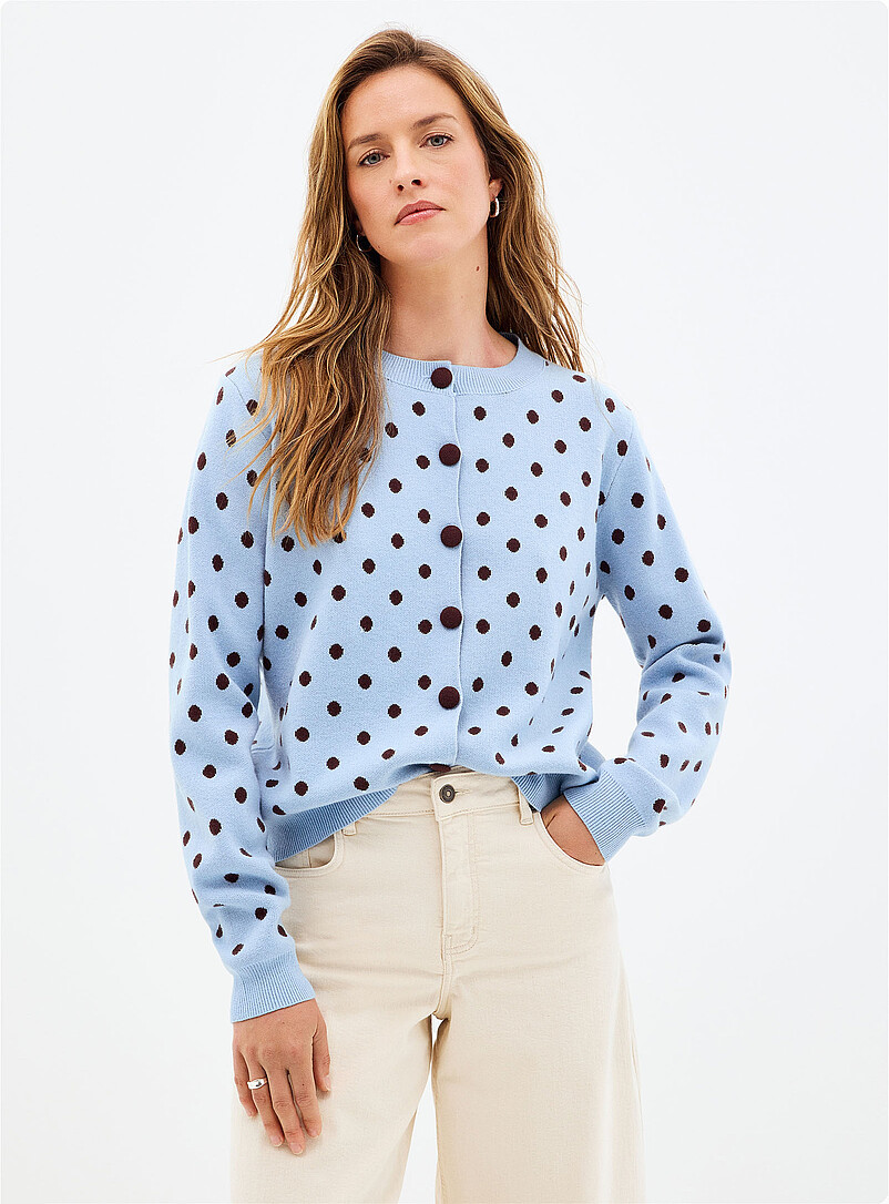 Contemporaine: Le cardigan extensible jacquard &agrave; pois Bleu p&acirc;le - Bleu ciel pour femme