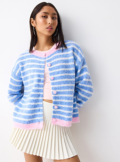 Twik Patterned Blue Pastel stripes fuzzy cardigan for women