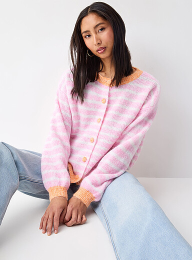 Twik Pink Pastel stripes fuzzy cardigan for women