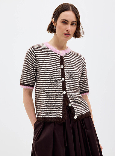 Contrasting trim striped fuzzy cardigan