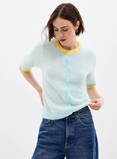 Contemporaine Patterned Blue Contrasting trim striped fuzzy cardigan for women