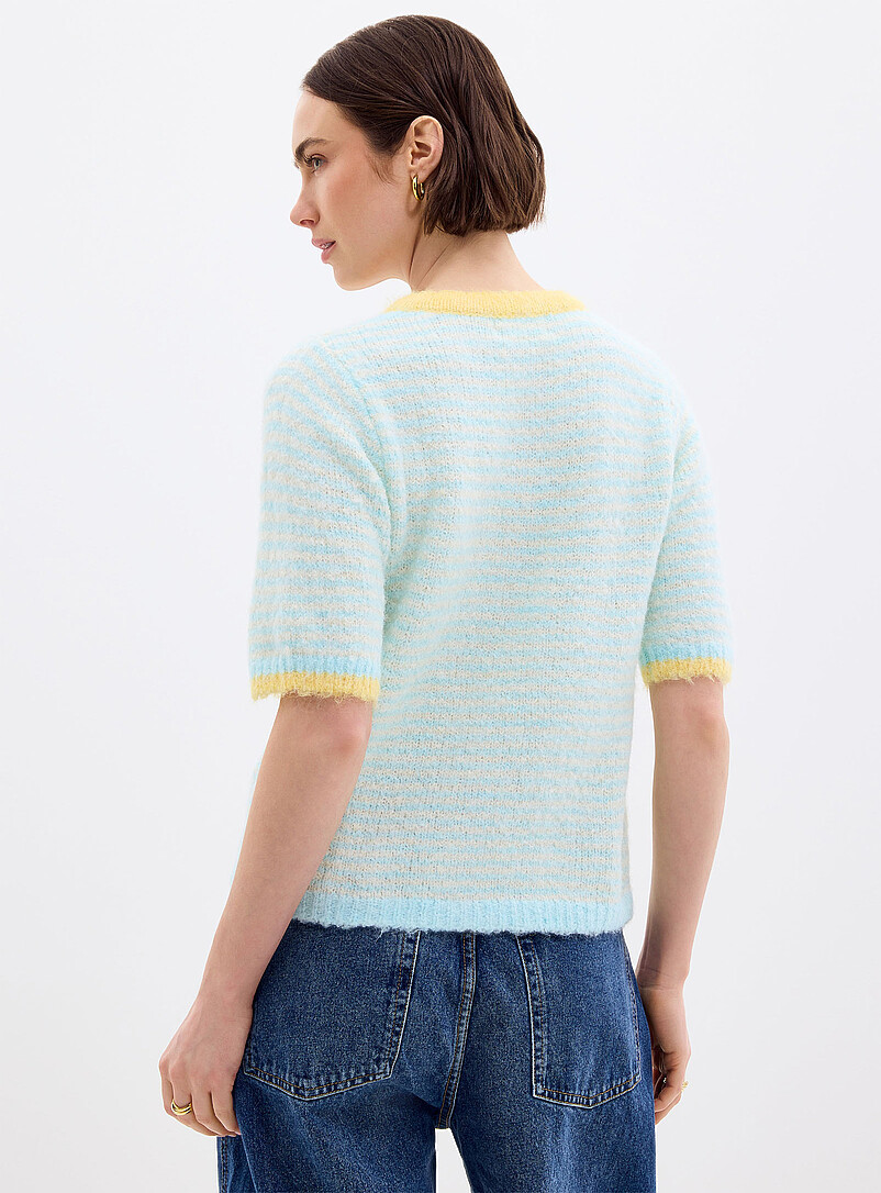 Contemporaine Patterned Blue Contrasting trim striped fuzzy cardigan for women