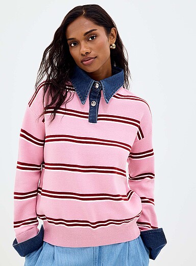 Le chandail ray&eacute; insertion col polo en denim