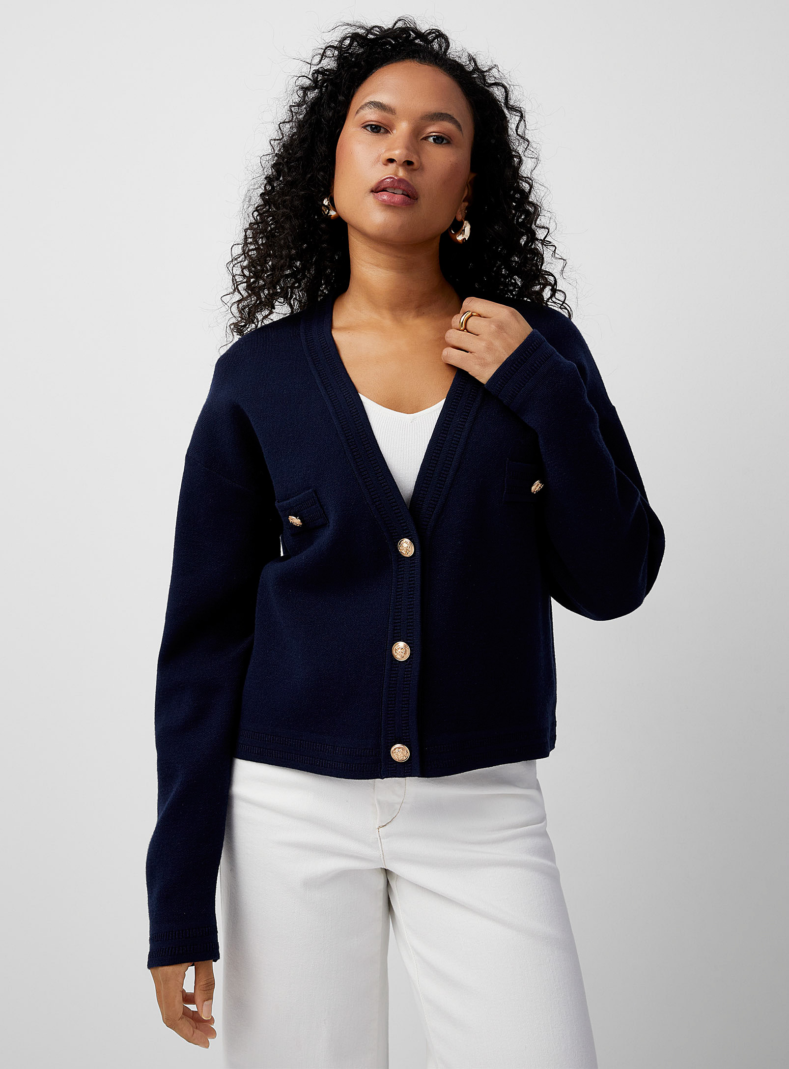 Contemporaine Golden Buttons V-neck Loose Cardigan In Navy/midnight Blue