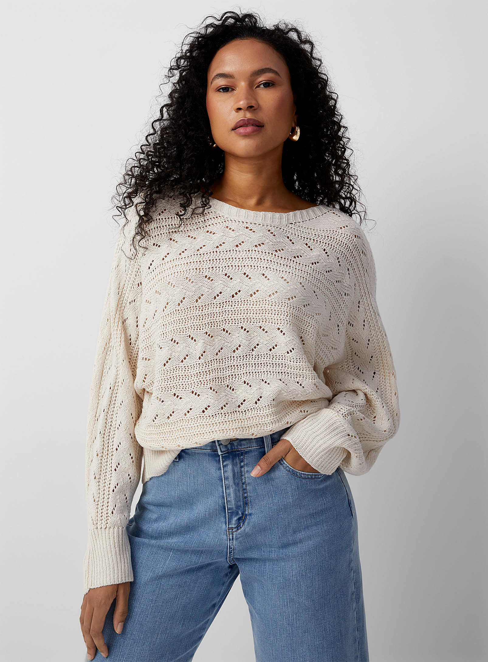 Contemporaine Batwing-sleeve Openwork Sweater In Off White
