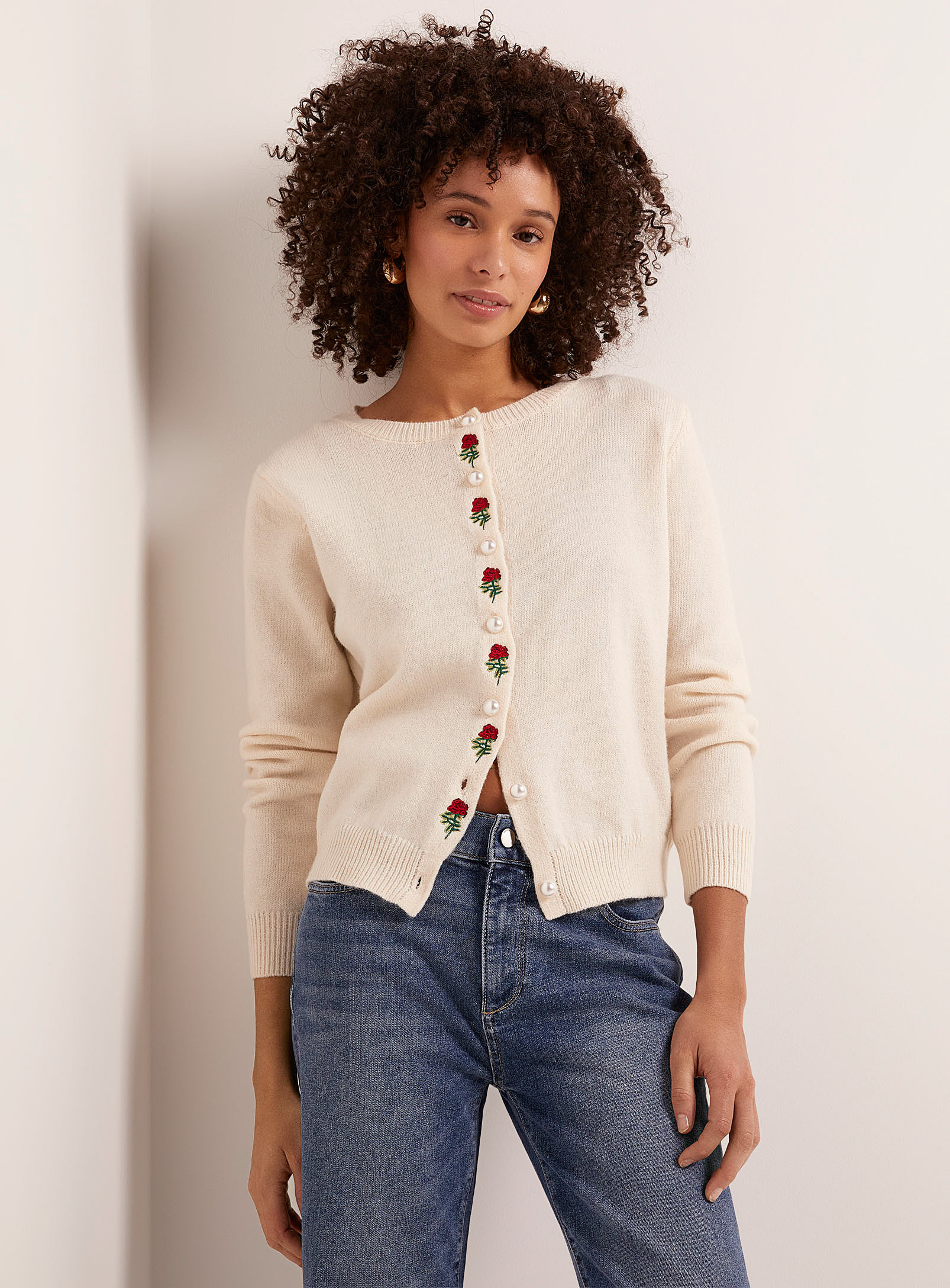 Contemporaine - Women's Roses and pearls Cardigan Sweater