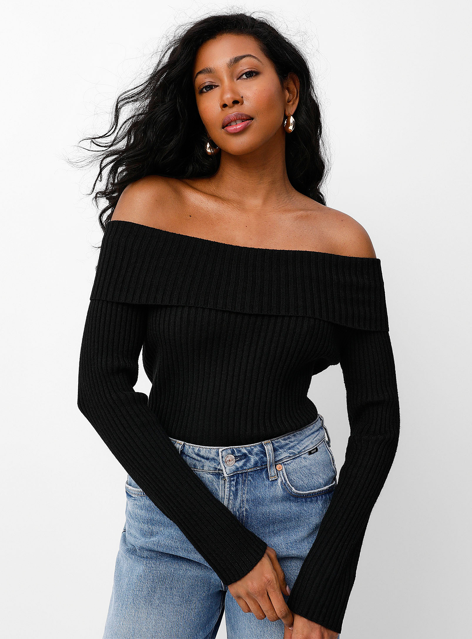 Contemporaine Marilyn Collar Ribbed Sweater In Black