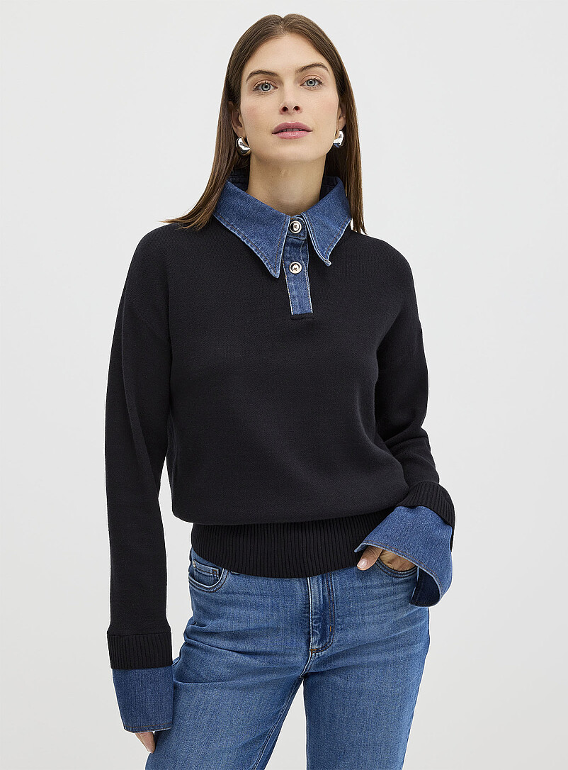 Denim Inserts Jewel Buttons Polo Shirt
