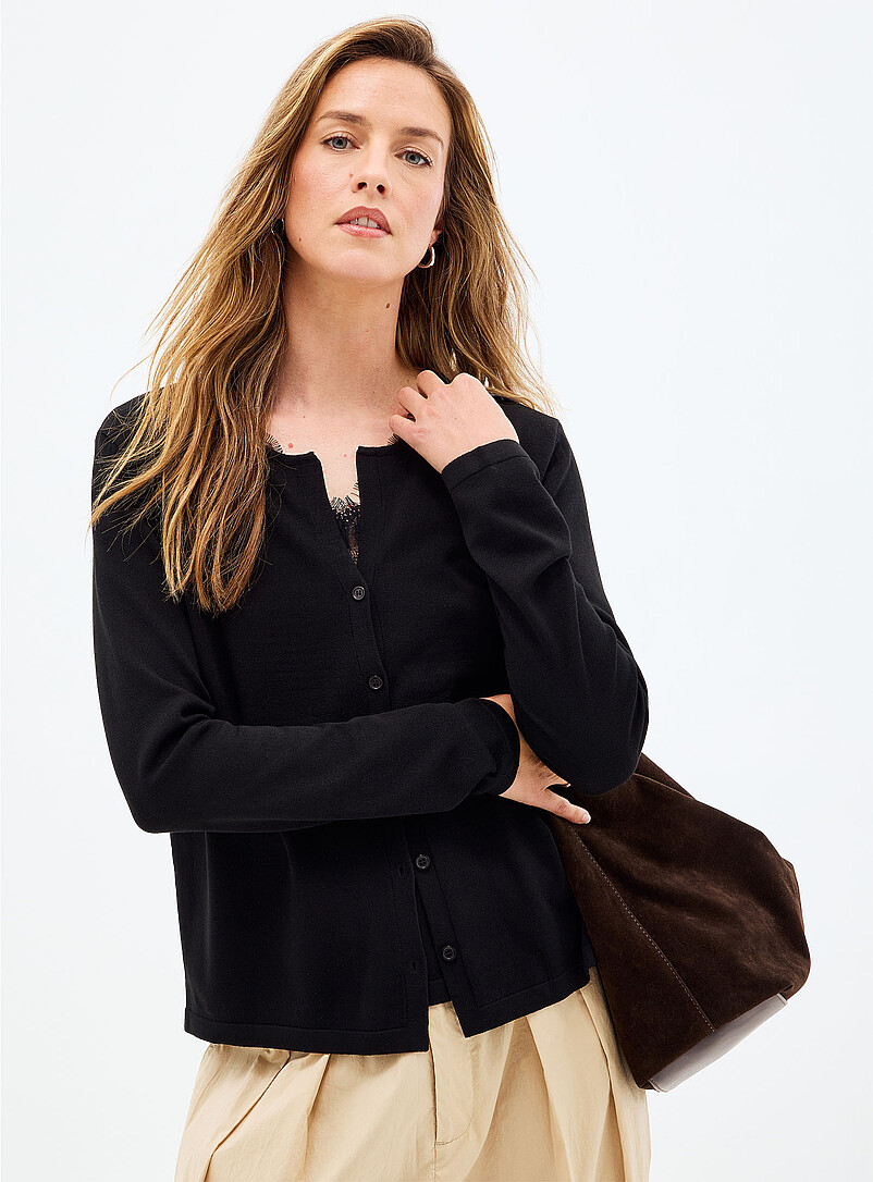 Sewn-In Lace Cami Fine-Knit Cardigan