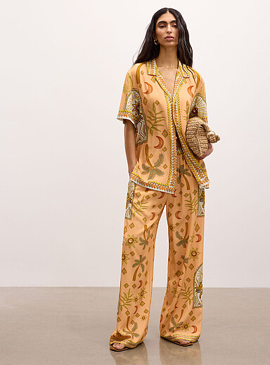 Kuwalla: Le pantalon large imprim&eacute; exotique Orange corail pour femme