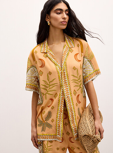 Kuwalla Coral Orange Exotic print notch collar shirt for women