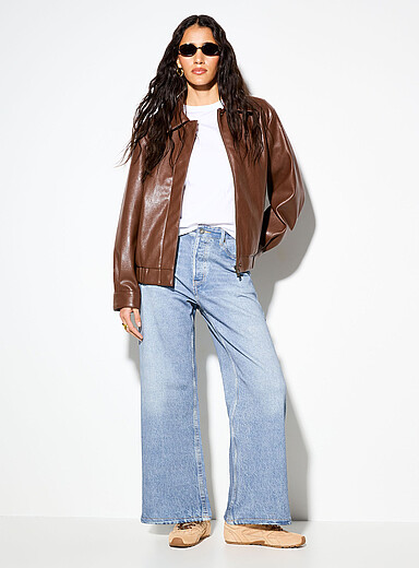 Le pantalon large 5 poches effet denim envers ratin&eacute;