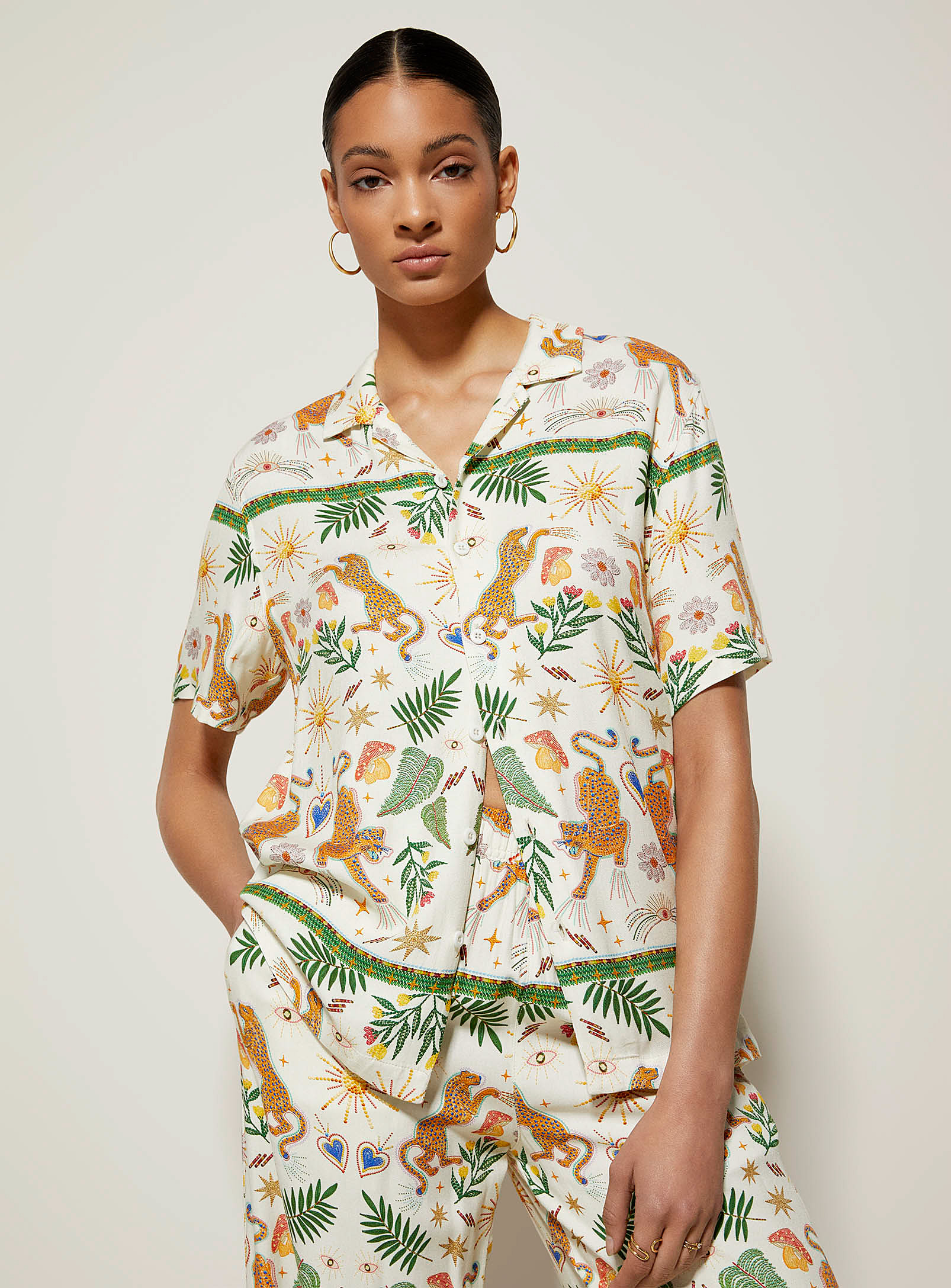 Kuwalla Exotic Patterns Flowy Shirt In Patterned Ecru