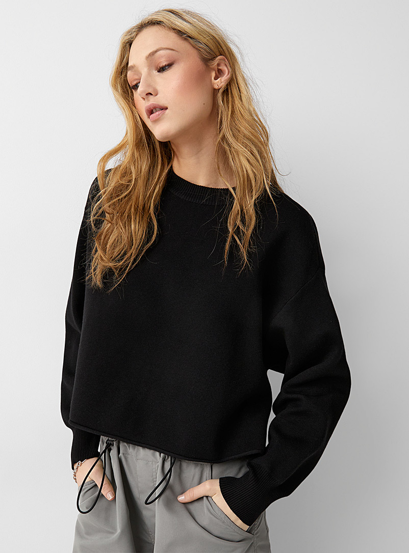Twik Black Rolled-hem loose cropped sweater for women
