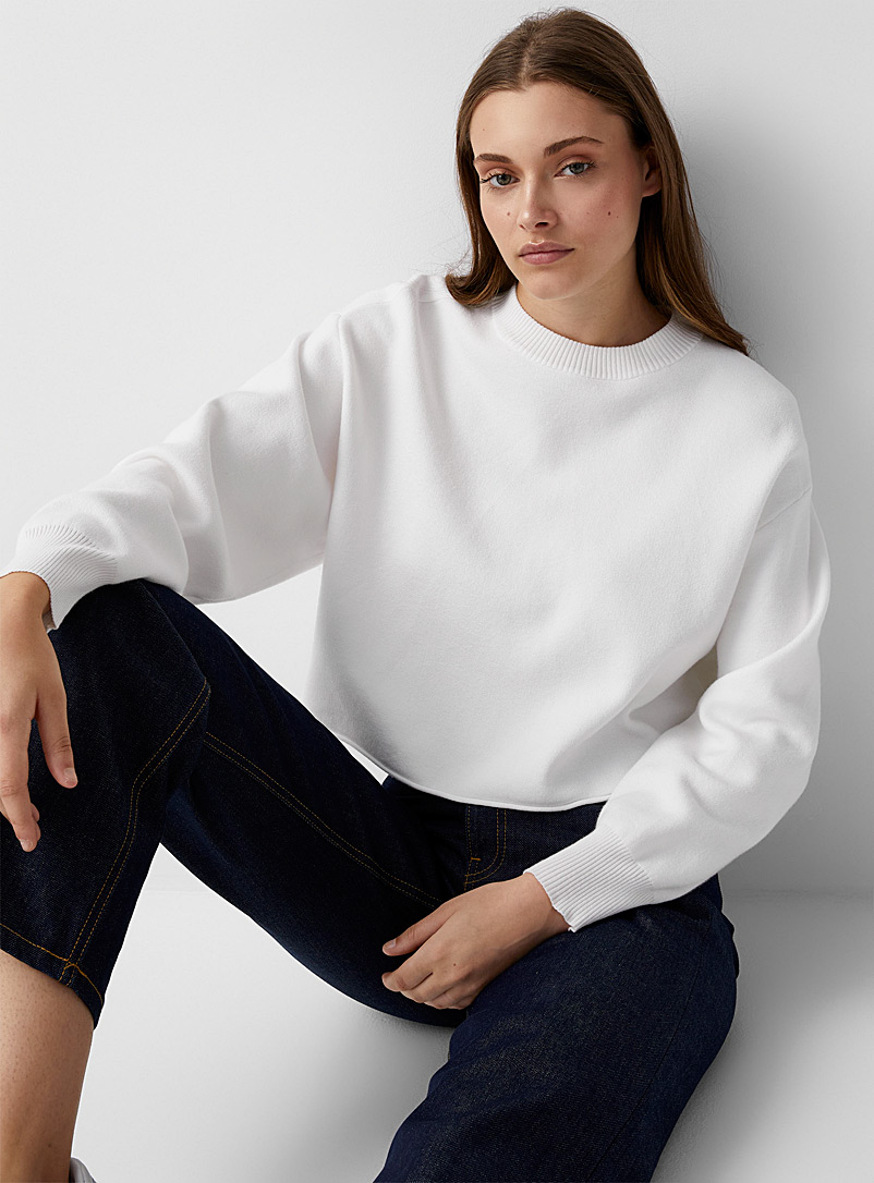 Twik Ivory White Rolled-hem loose cropped sweater for women