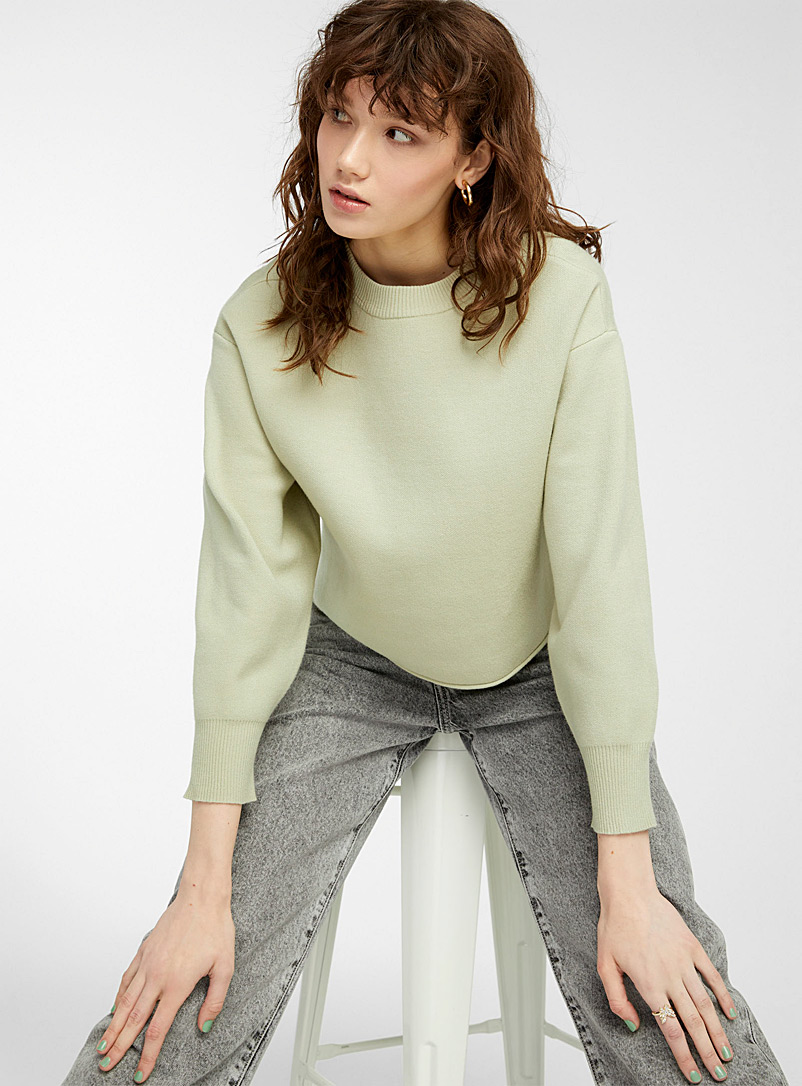 Twik Lime Green Rolled-hem loose cropped sweater for women