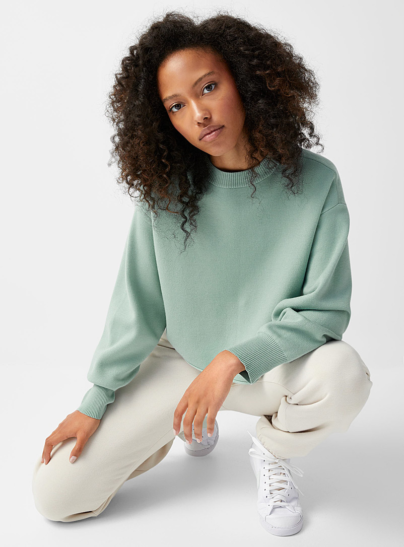 Twik Teal Rolled-hem loose cropped sweater for women