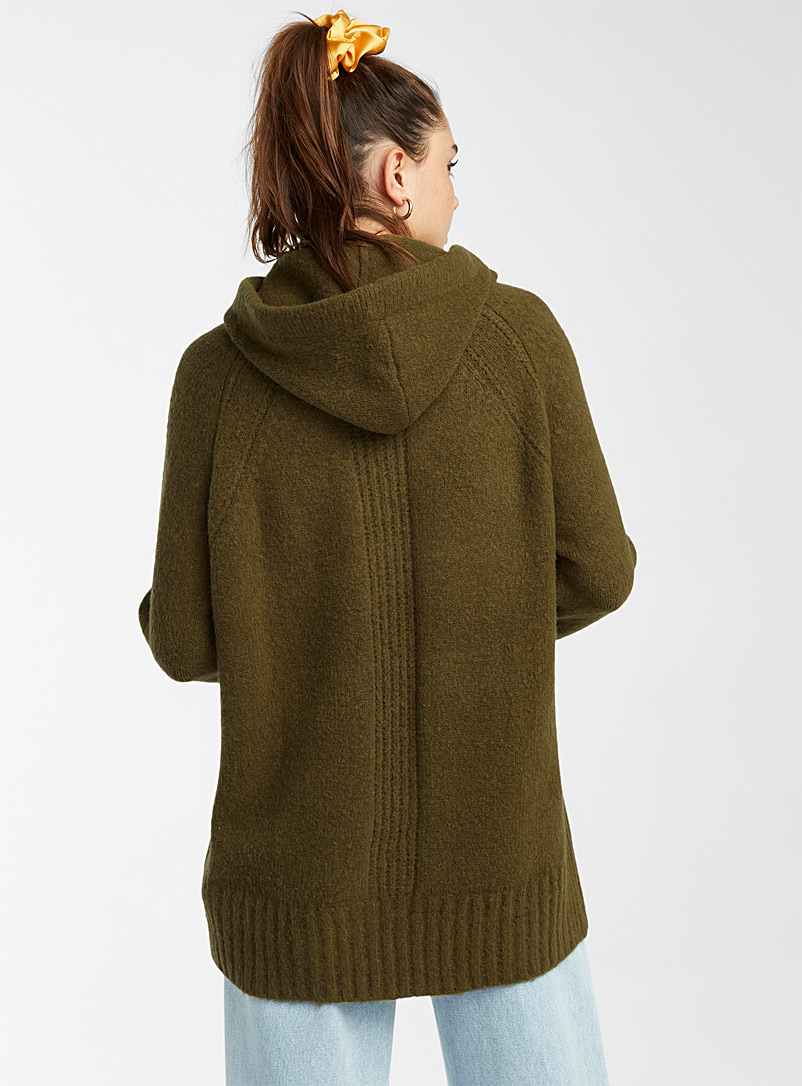 Twik: Le long pull à capuche tricot moelleux Vert foncé-mousse-olive pour femme