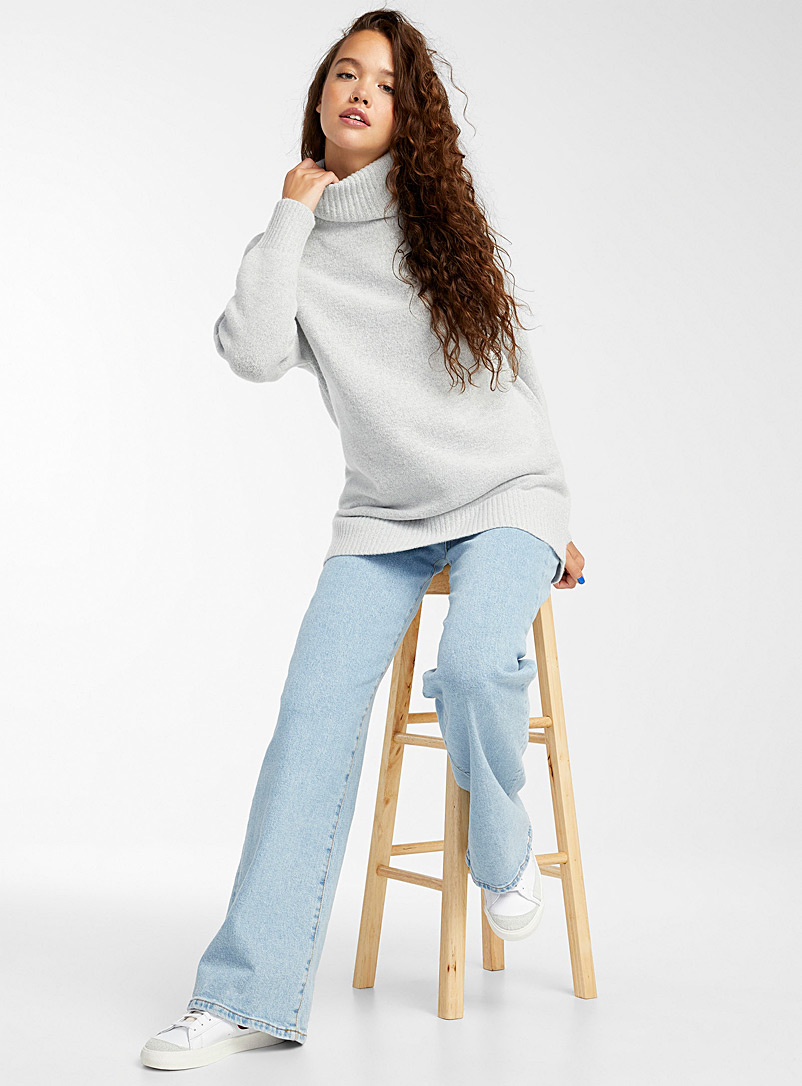 Twik Light Grey Long plush-knit turtleneck sweater for women