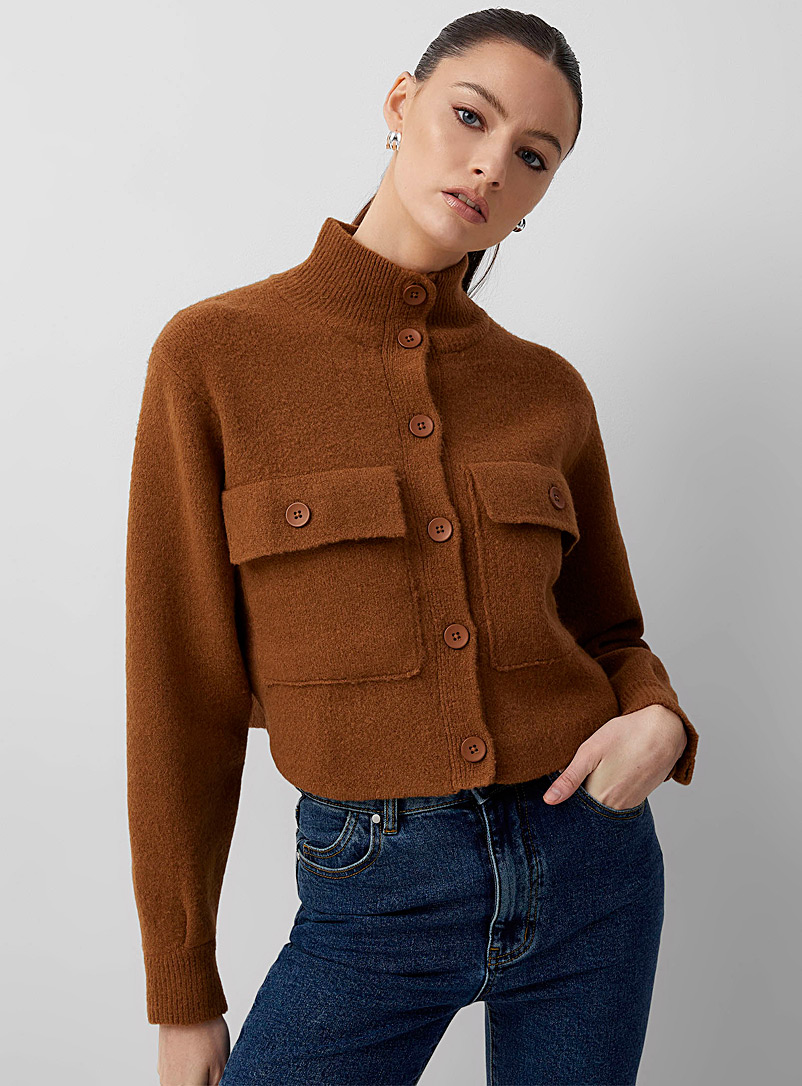 Icône Medium Brown Bouclé knit cropped cardigan for women