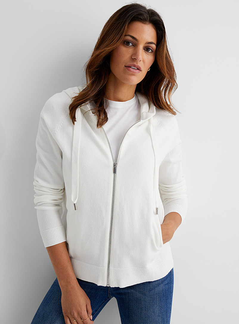 Contemporaine Ivory White Hooded knit zip-up cardigan for women