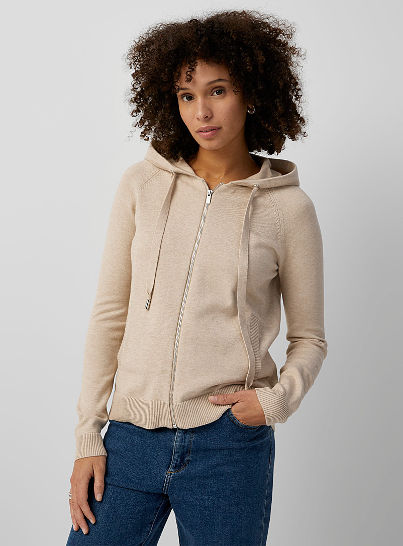 Contemporaine Ecru/Linen Hooded knit zip-up cardigan for women