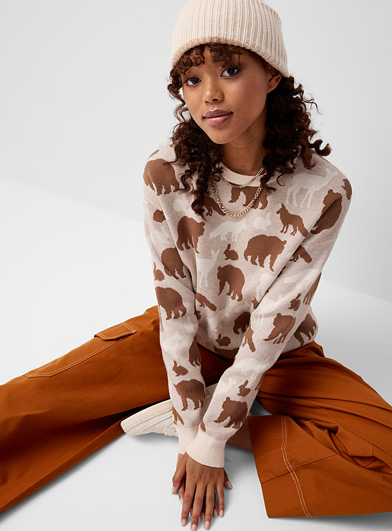 Twik Patterned Brown Animal friends jacquard sweater for women