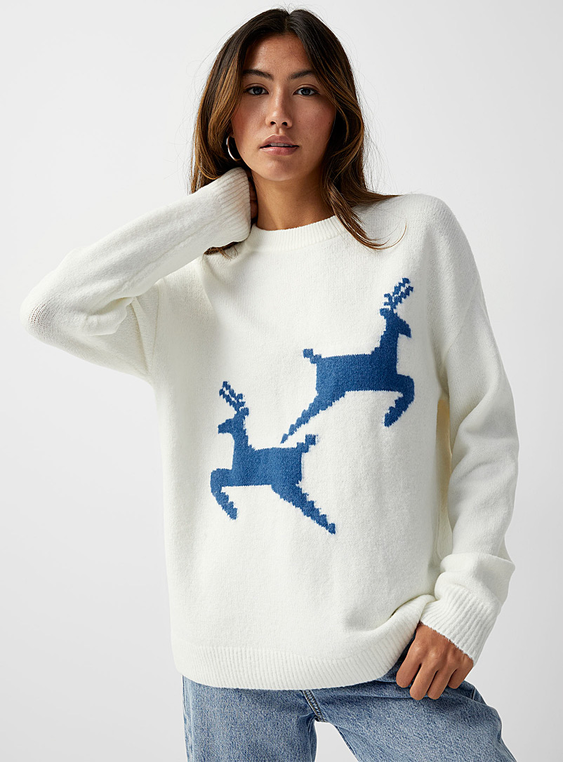 Twik Patterned White Winter deer sweater for women