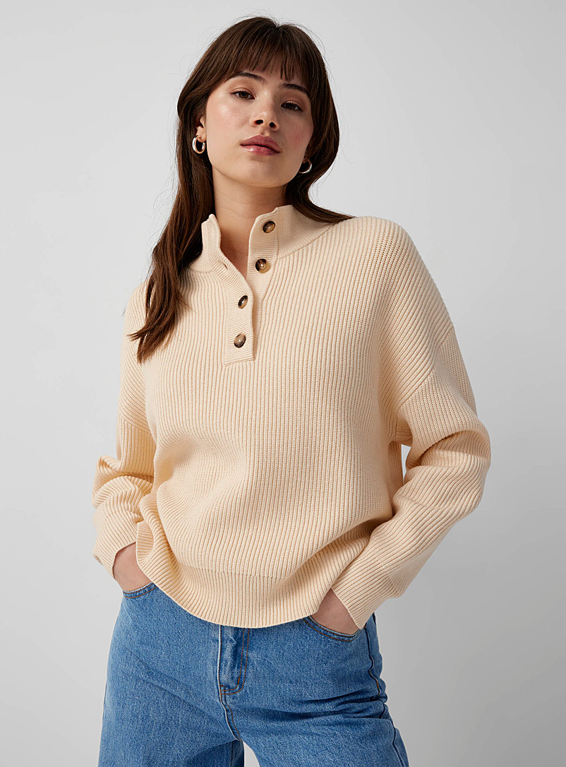 Twik Ecru/Linen Ribbed mock neck with half-length buttoning for women